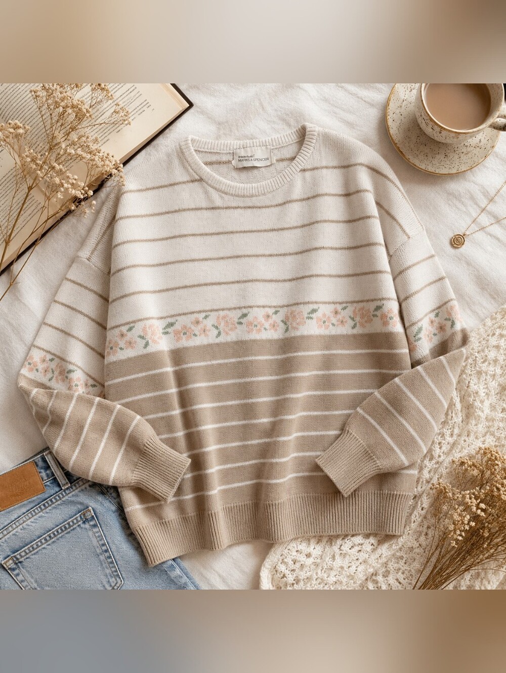 Vintage St. Michael Floral Stripe Knit Sweater Soft Neutral Cottagecore Pullover